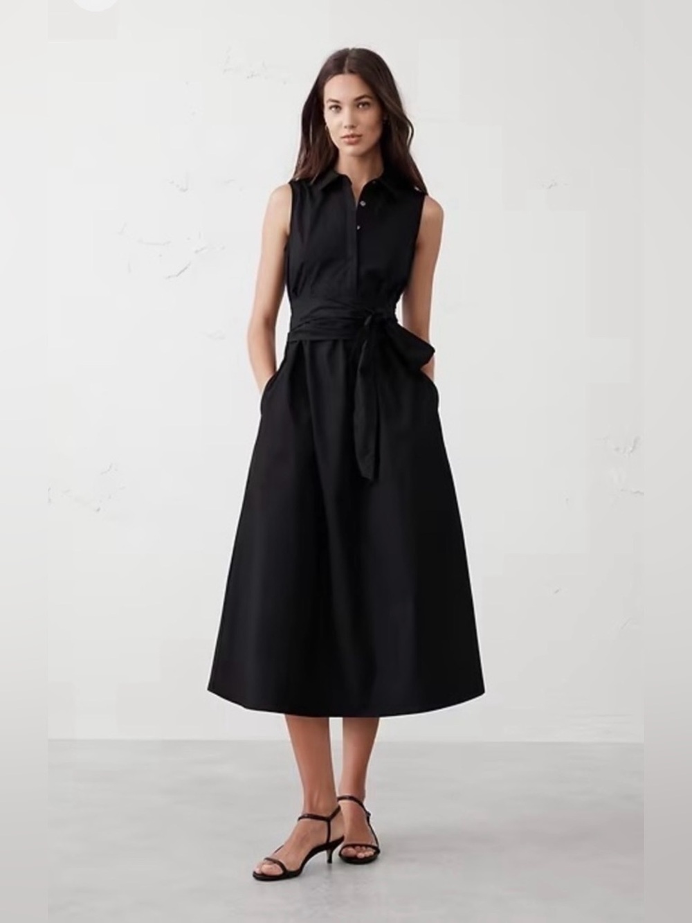 Banana Republic Black Poplin Cross-Waist Midi Dress - M Petite